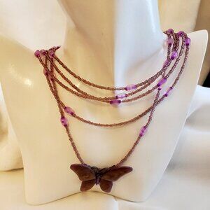 Shimmery Purple Butterfly Multi-Strand Beaded Necklace w/Crystal Rhinestones